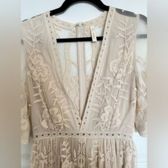Wishlist Cream Ivory Lace Embroidered Deep V Low Cute Sheer Maxi Dress Romper S - Picture 8 of 9